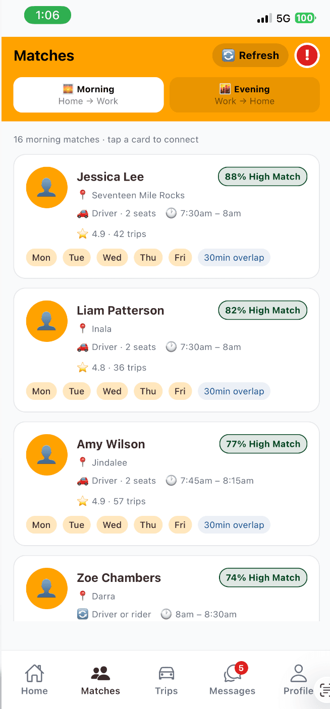 Commuti matches screen showing compatible commuters nearby with match percentages