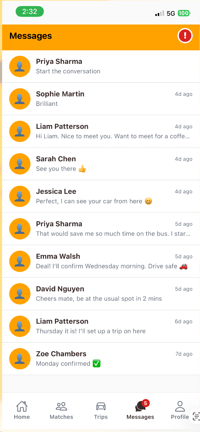 Commuti messages screen showing real conversations between commuters