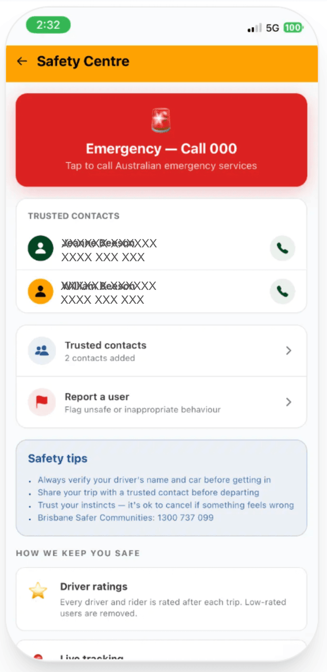 Commuti Safety Centre screen showing trusted contacts and safety tips